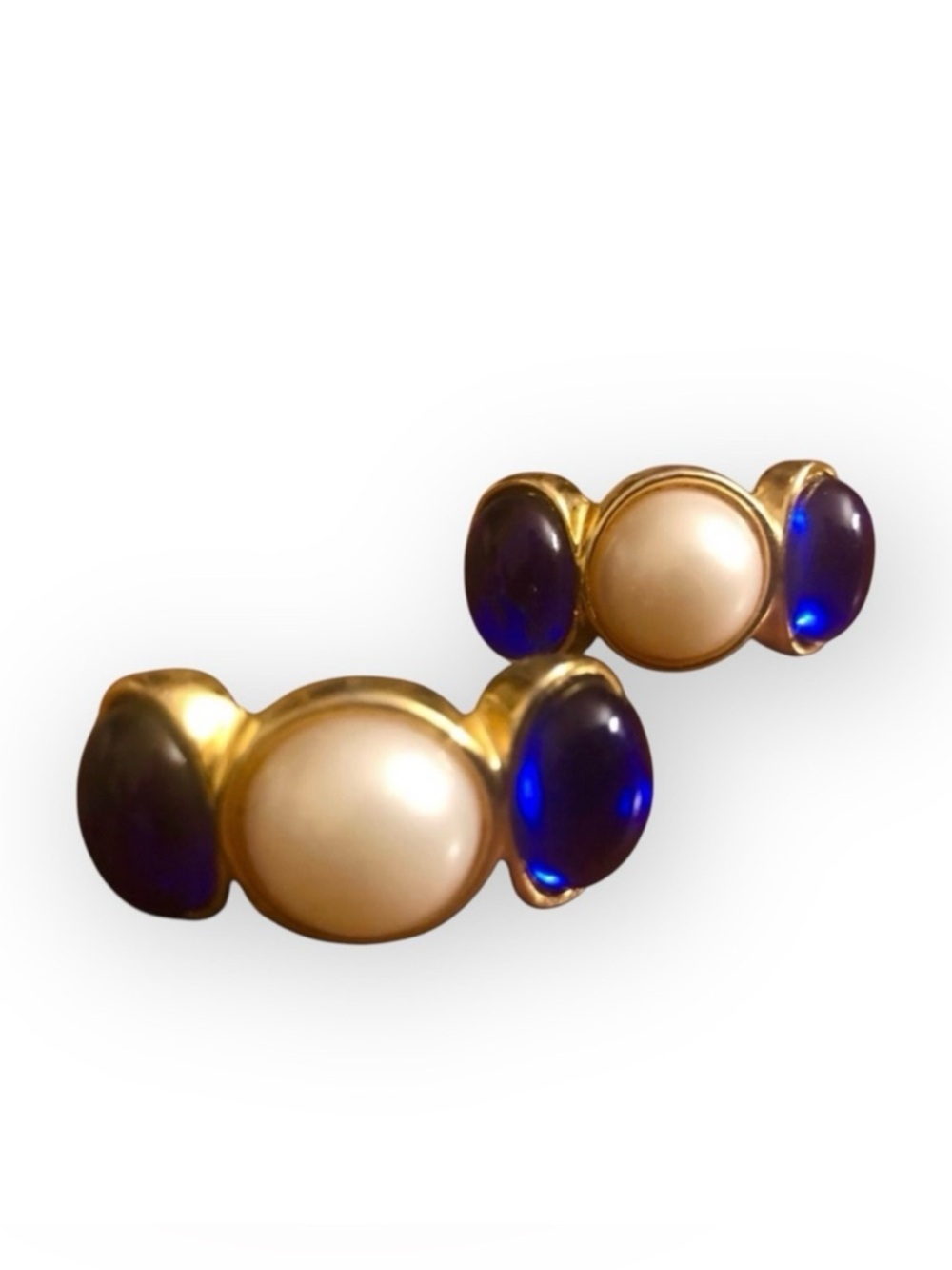 1980’s Vintage Bold Gold Blue & White Statement Earrings, Clip Ons